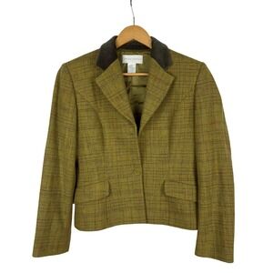Casual Corner Blazer‎ Size 8 Green Brown Plaid Wool Blend Velvet Collar